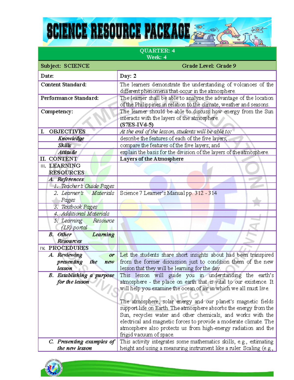 DLP SCI 7 4QTR W4 D2 - Lesson plan for science 7. - Prepared by: LESTER ...