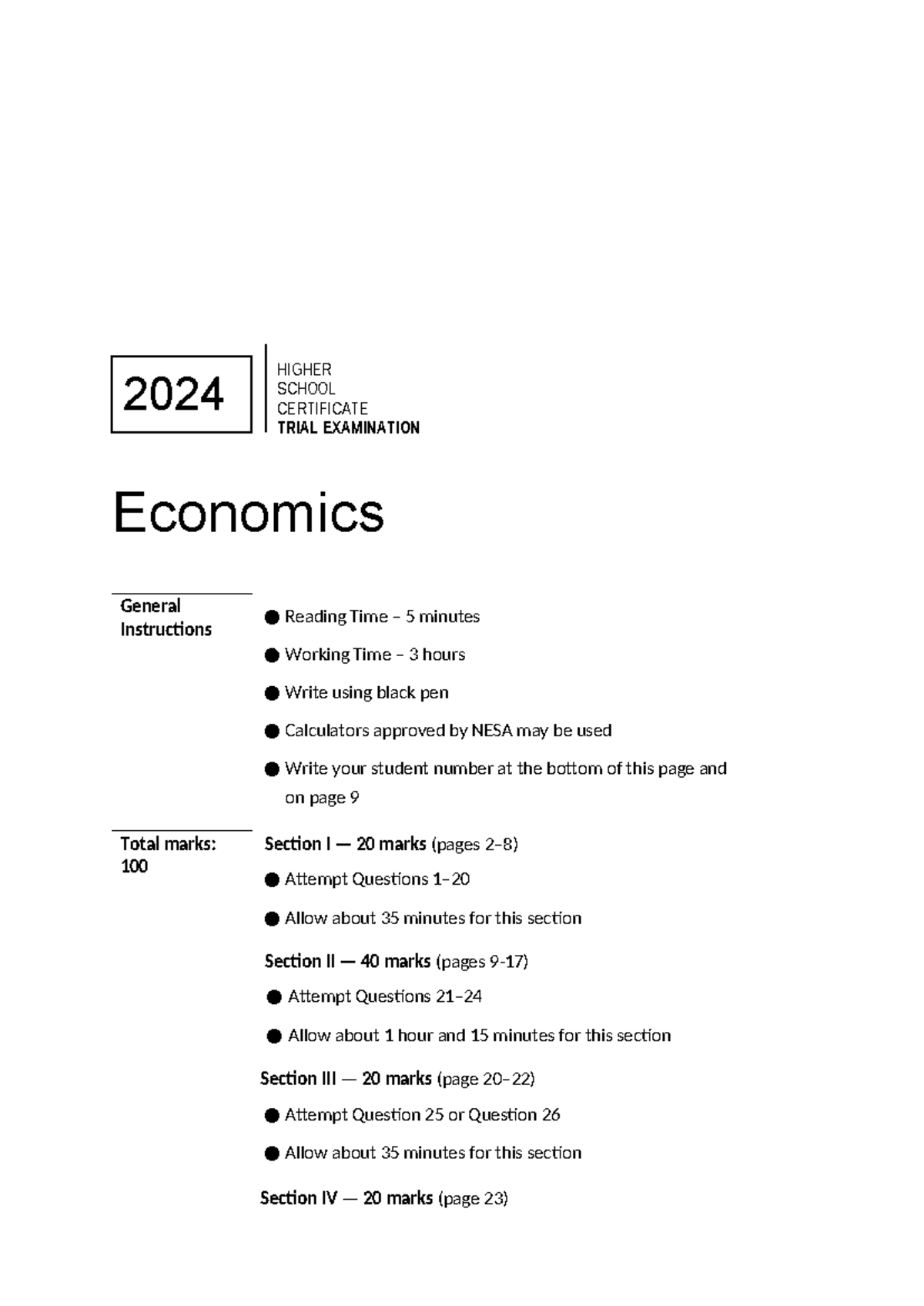 2024 HSC Economics Trial Exam Instructions and Questions - Studocu