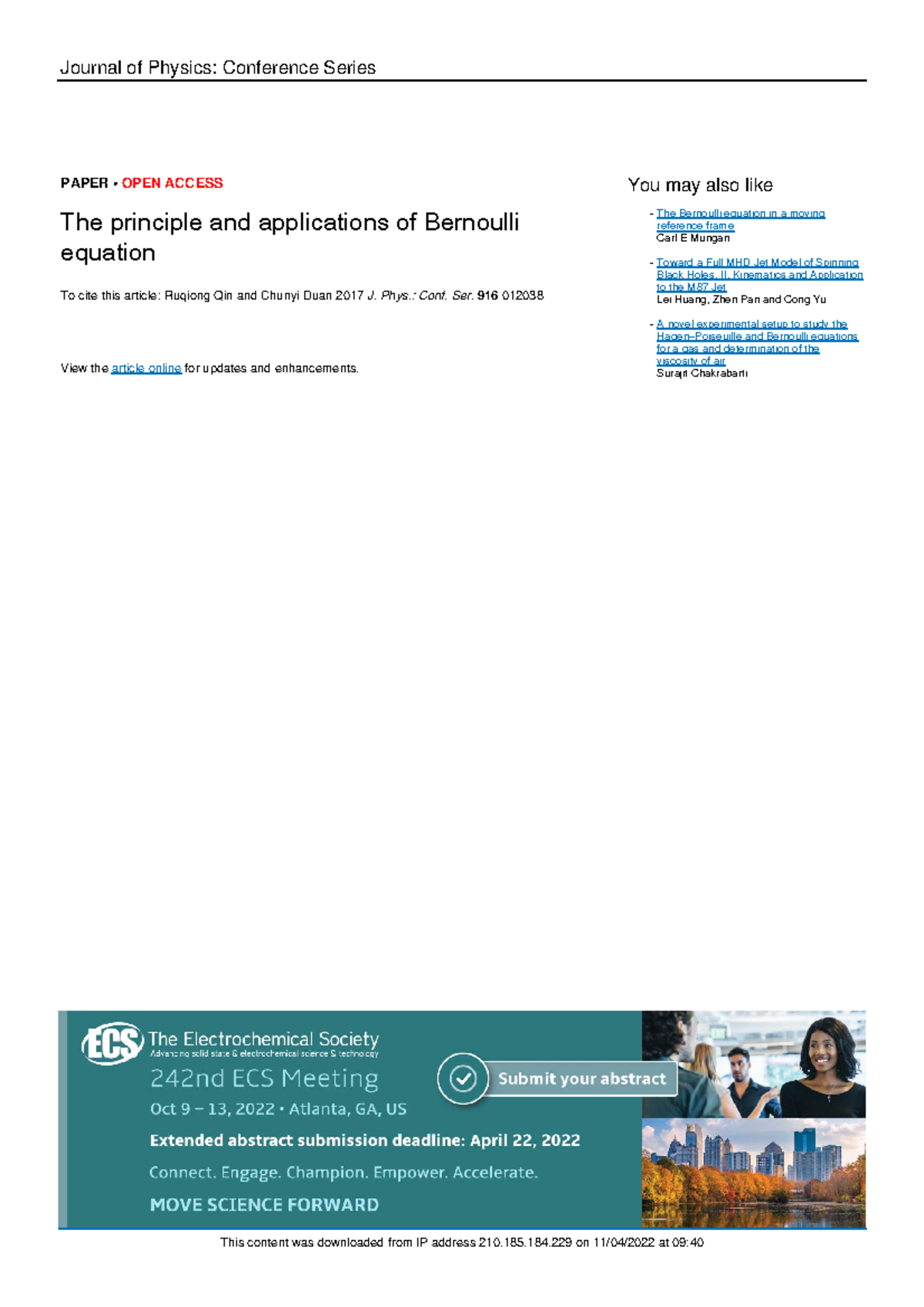 The principle and applications of Bernoulli equation - Journal of ...