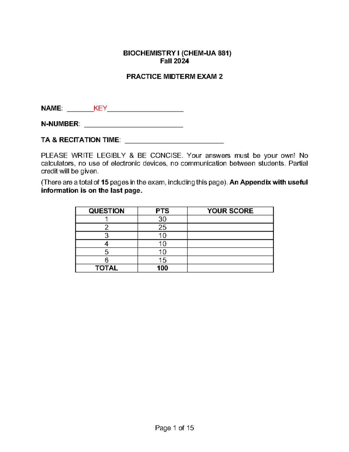 B1 2024 Practice Midterm Exam 2 KEY - Biochemistry I (CHEM-UA 881 ...