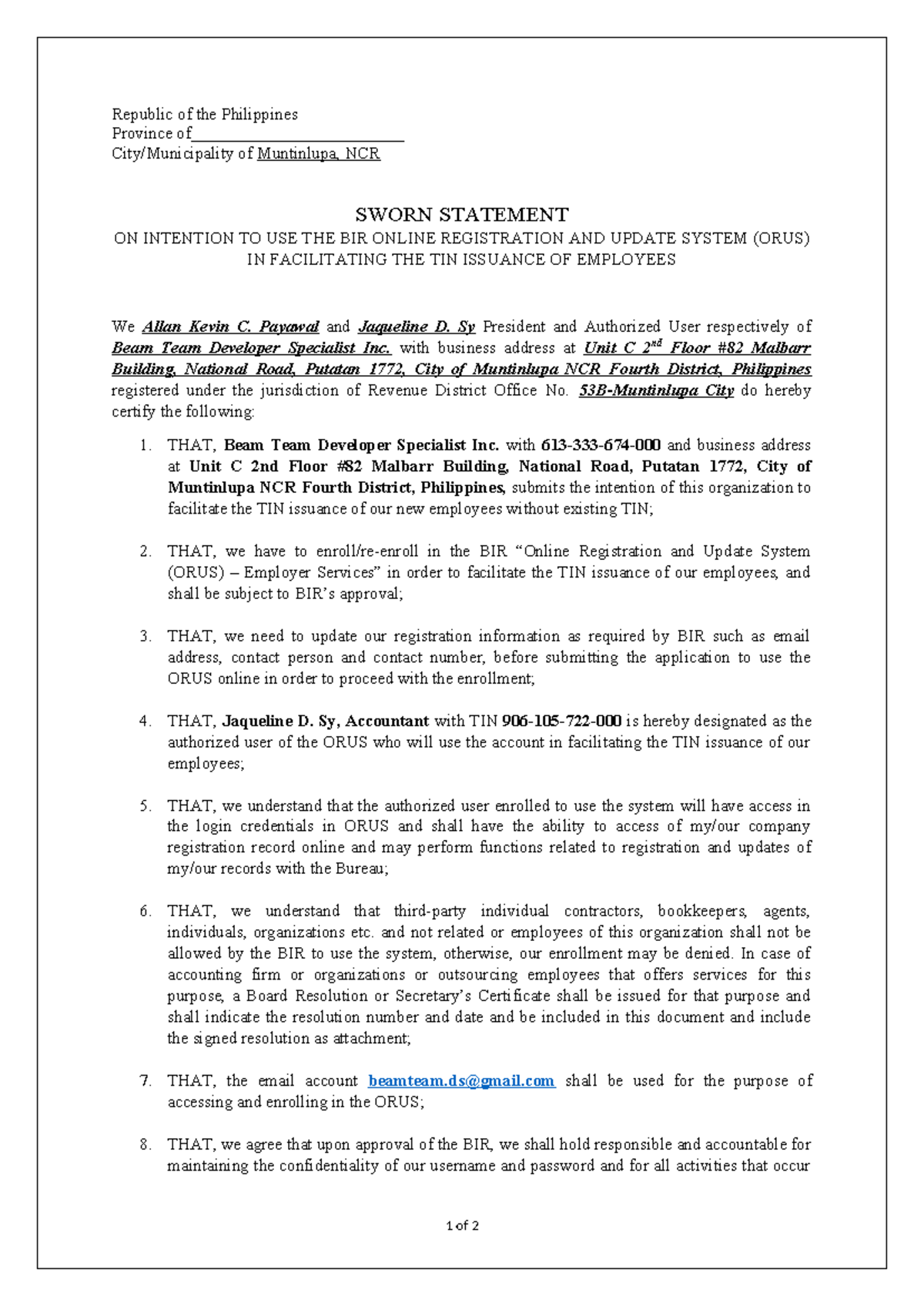 Sworn Statement for BIR Online Registration (ORUS) - Beam Team ...