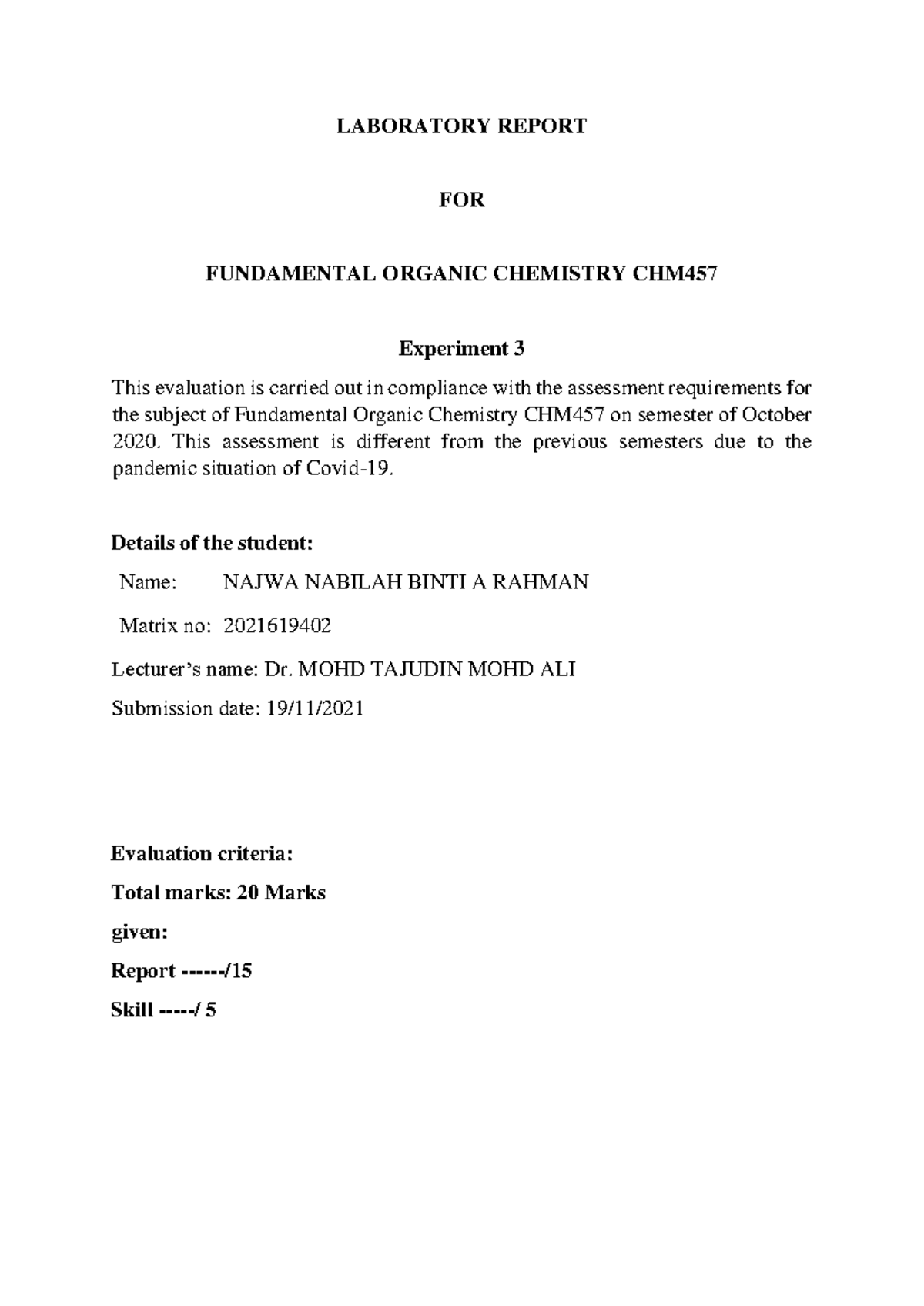 Experiment 3: Preparing 1-Bromobutane - CHM457 Laboratory Report - Studocu