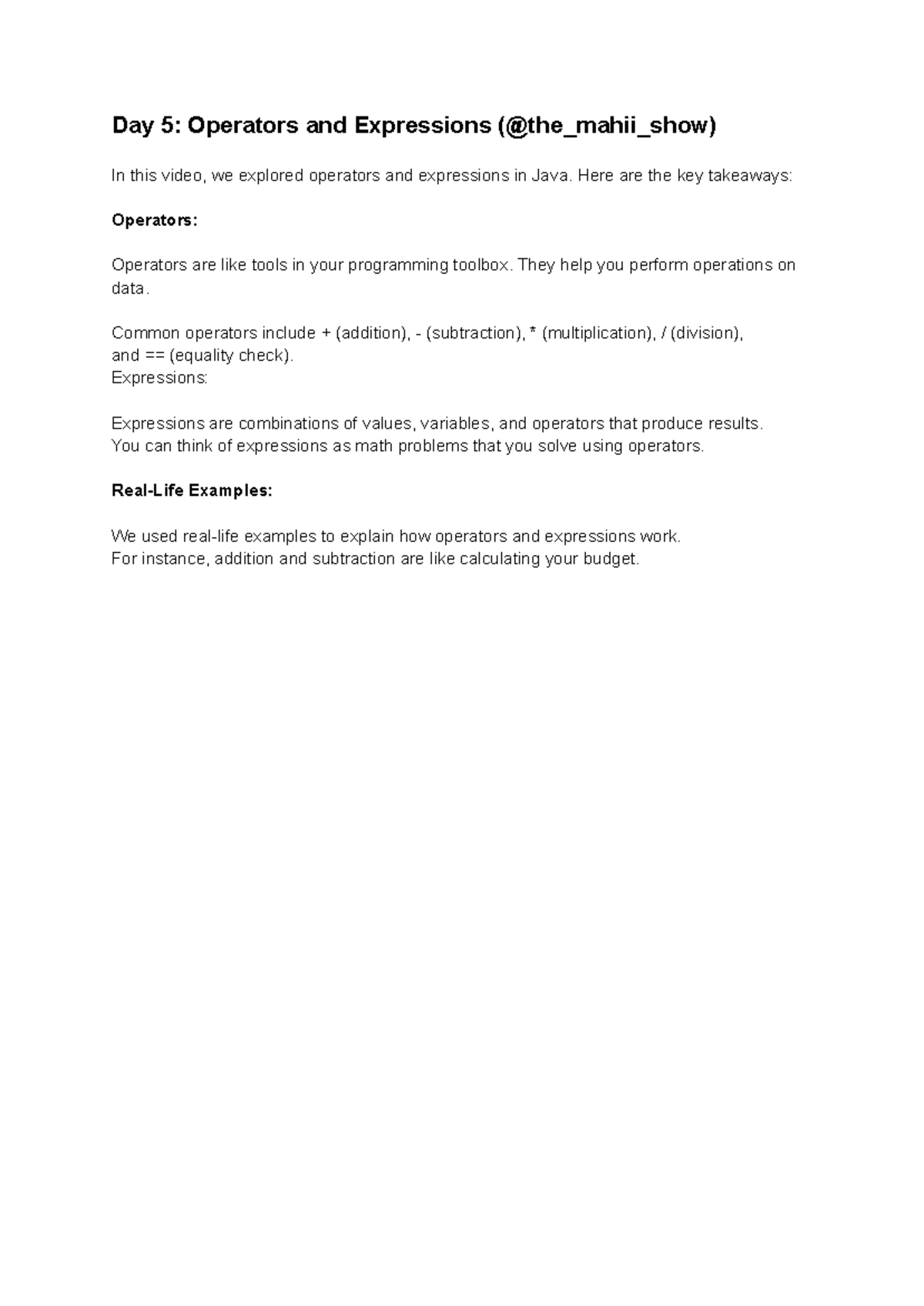 Core Java Day-5 Notes - Day 5: Operators and Expressions (@the_mahii ...