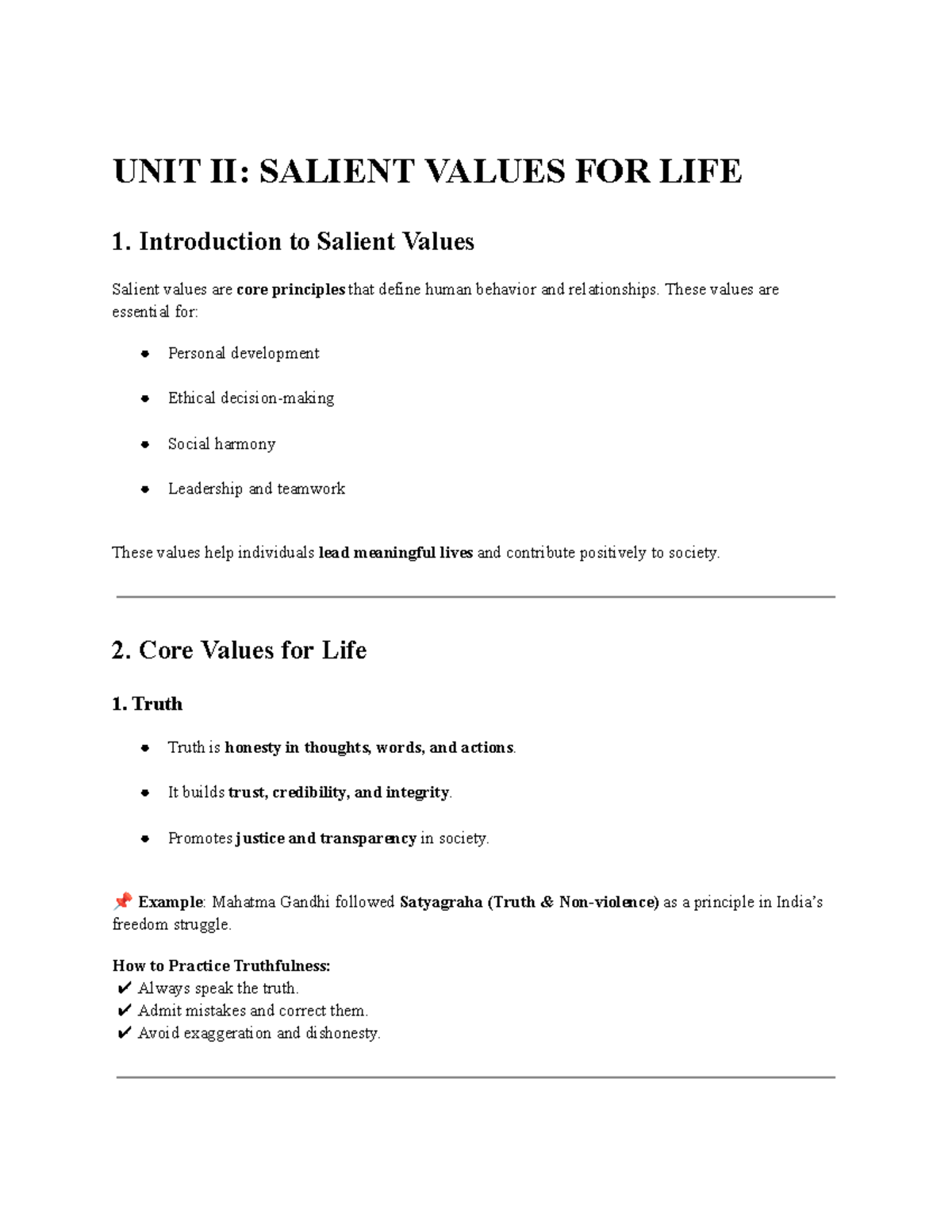 UNIT II: Core Salient Values for Life and Development - Document Preview