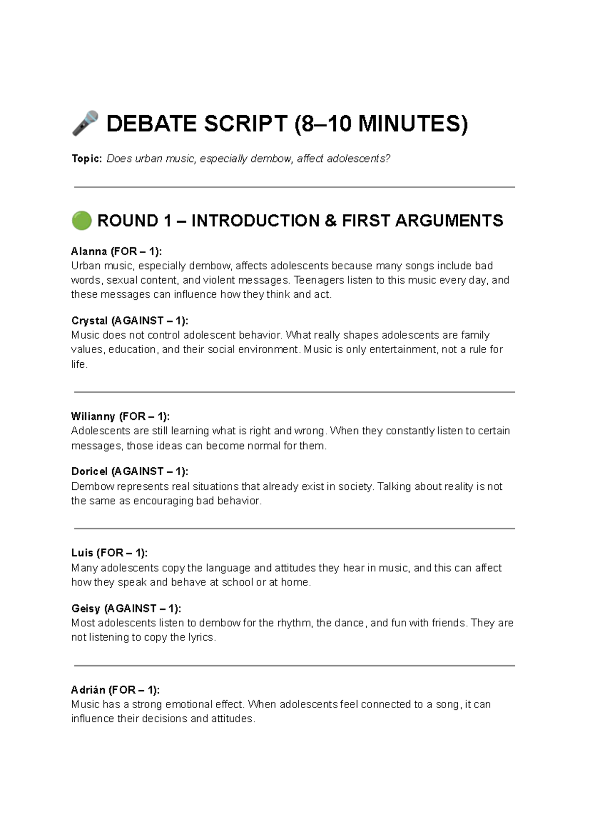 DEBATE SCRIPT: Does Dembow Music Affect Adolescents? - Studocu