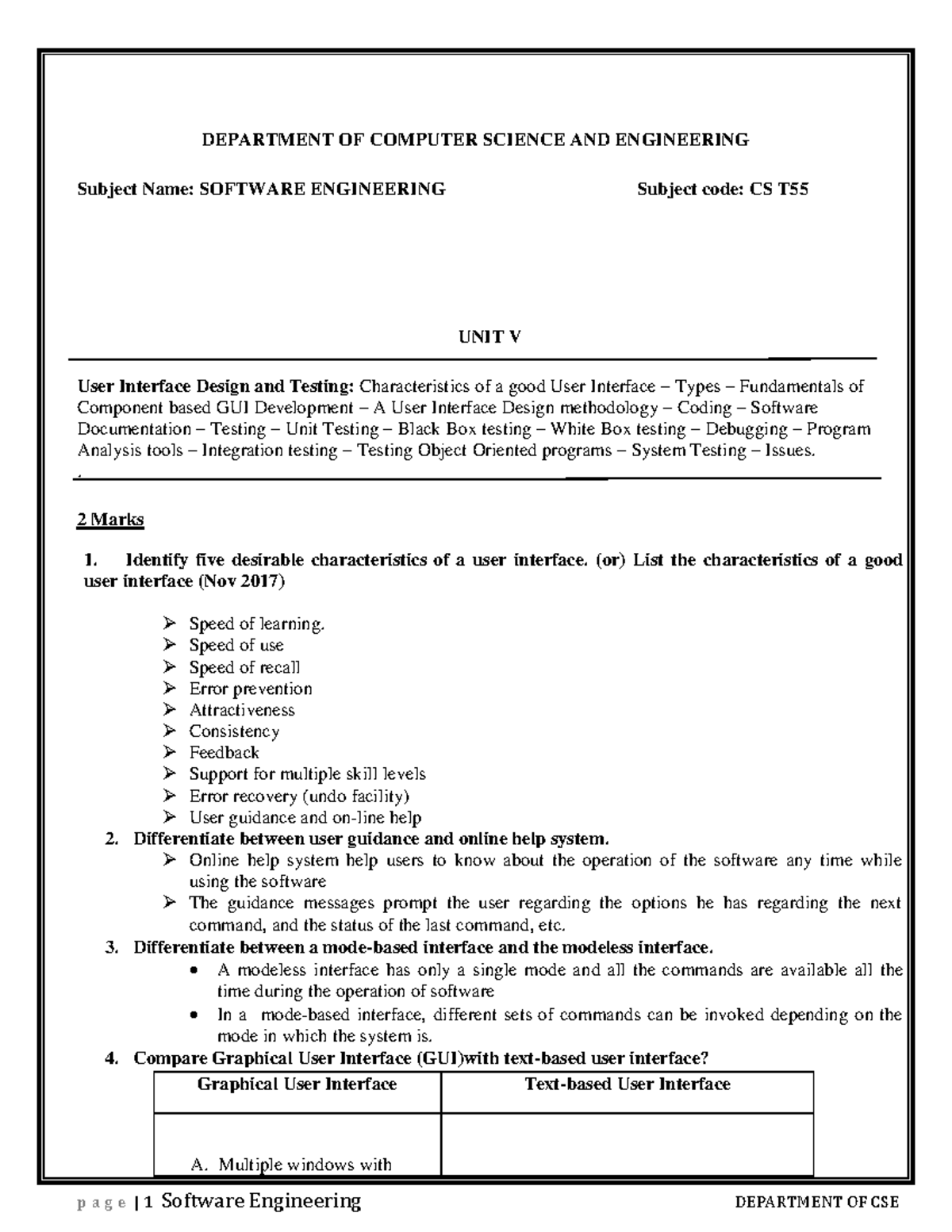 User Interface Design and Testing in Software Engineering (CS T55 ...