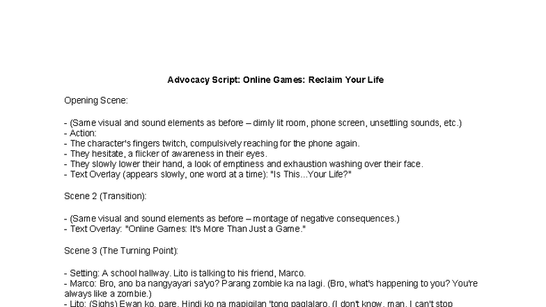Advocacy Script: Game Over or Game On - Online Games Addiction - Studocu