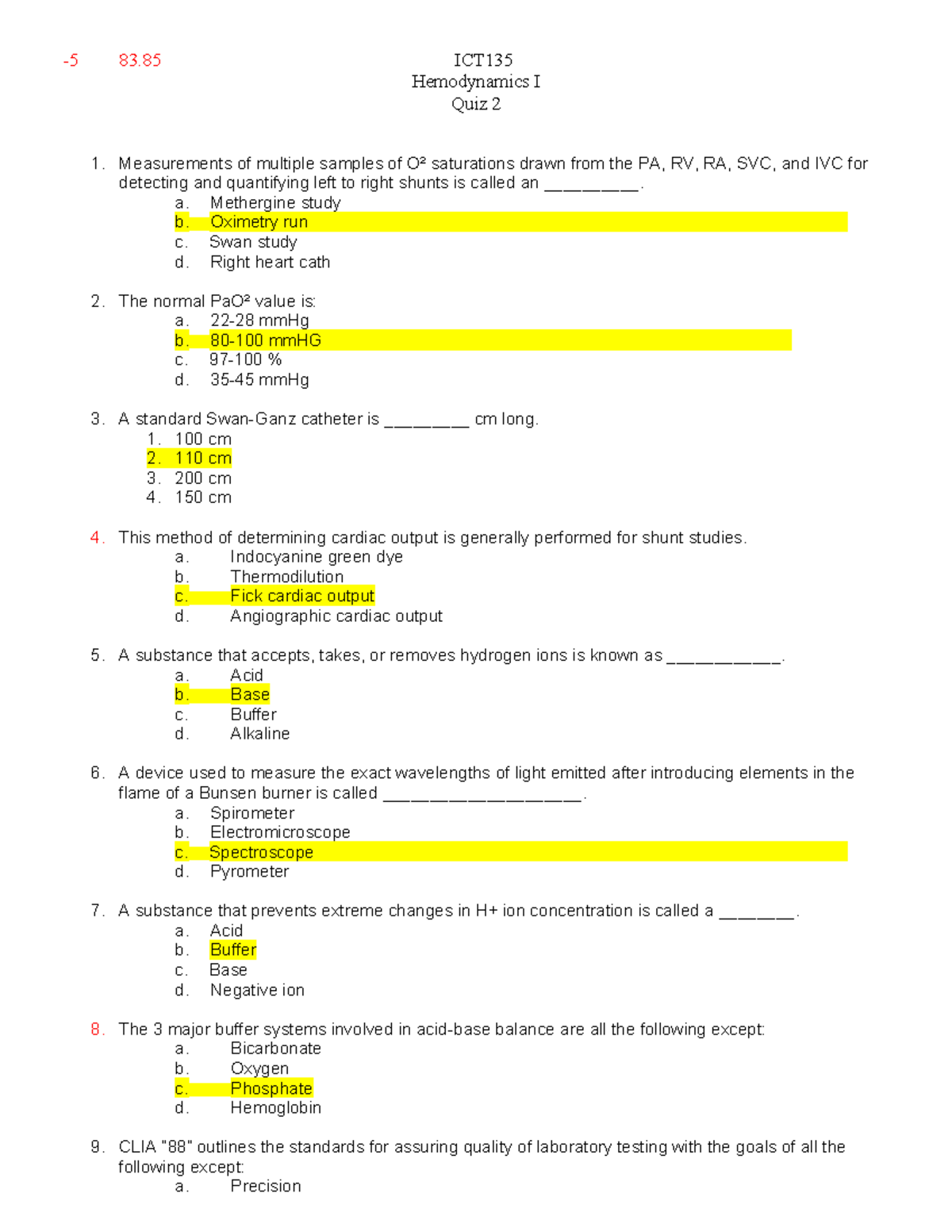 ICT135 Hemodynamics I Quiz 2: Key Concepts and Questions - Studocu