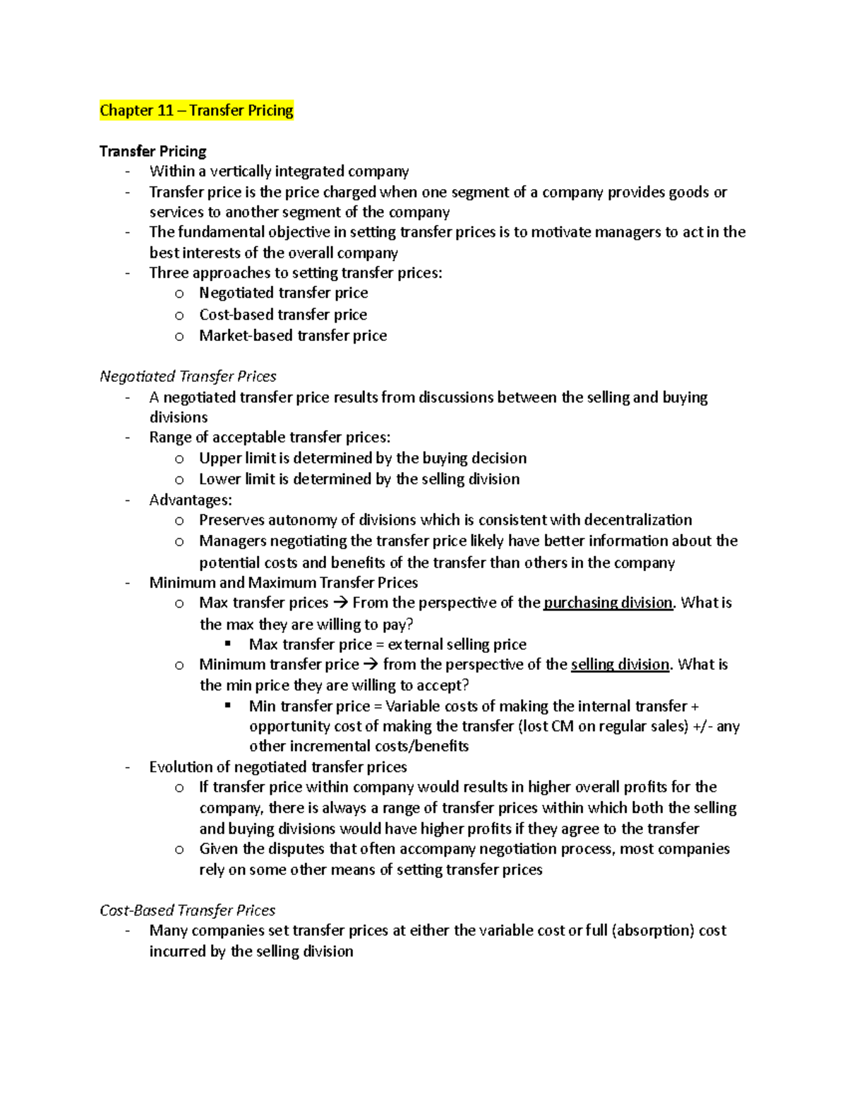 Chapter 11 Notes - Transfer Pricing Strategies & Approaches - Studocu