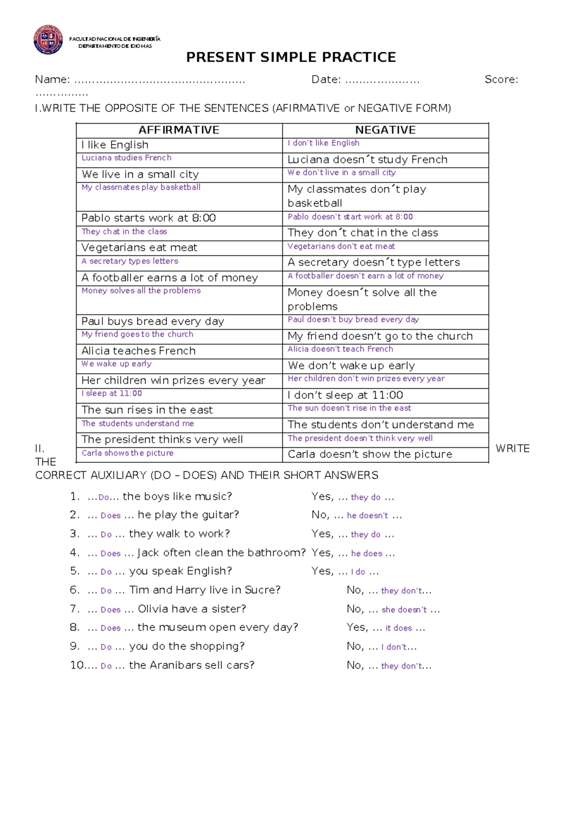 Present Simple Negatives Practice - Answers for FNI 2023 - Studocu