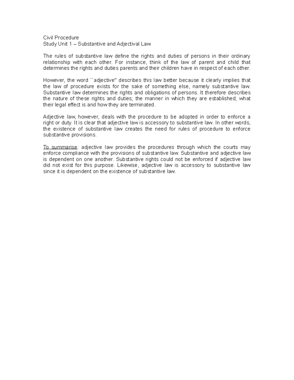 CIP2601-civil procedure summary - :: Basic diferences and disincions ...