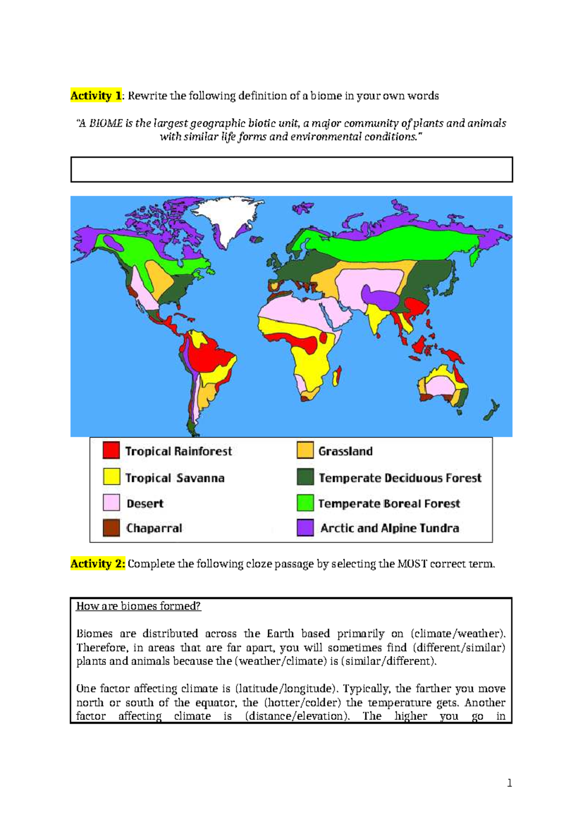 Biomes of the World - Worksheet (Activity 1 & 2) - Studocu