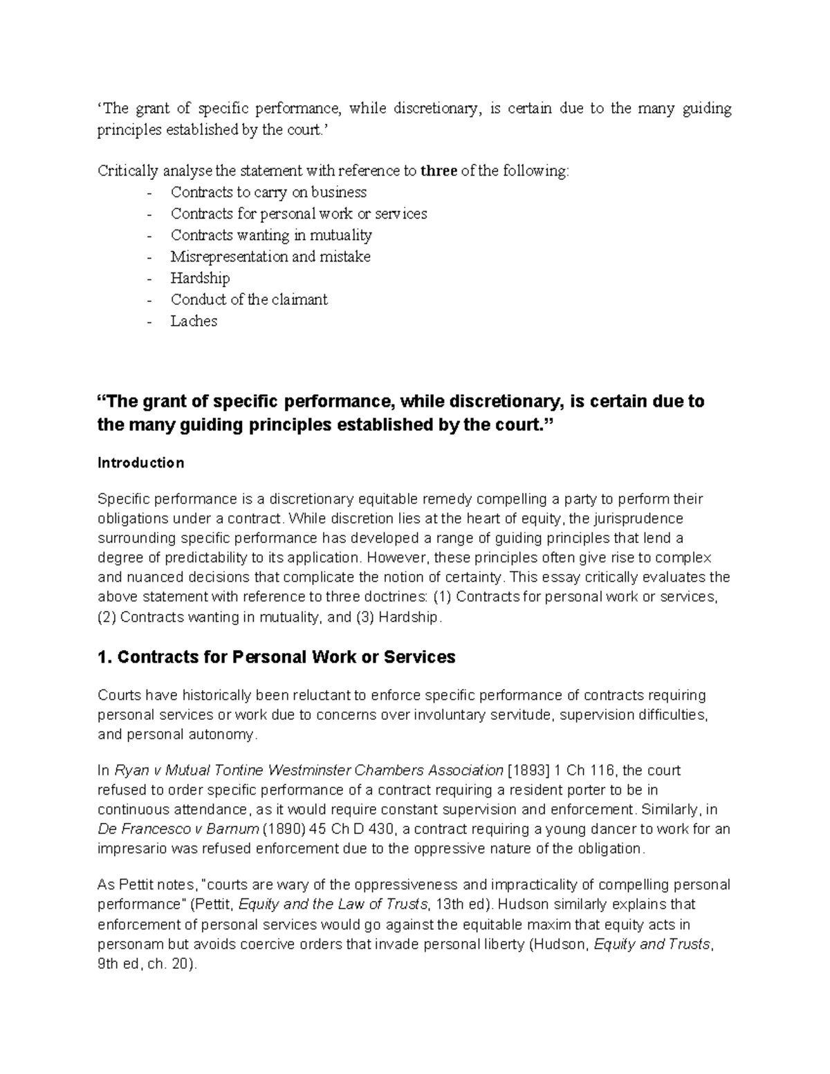 Equitable Remedies (LAW 301) Final Prep: Analyzing Specific Performance ...