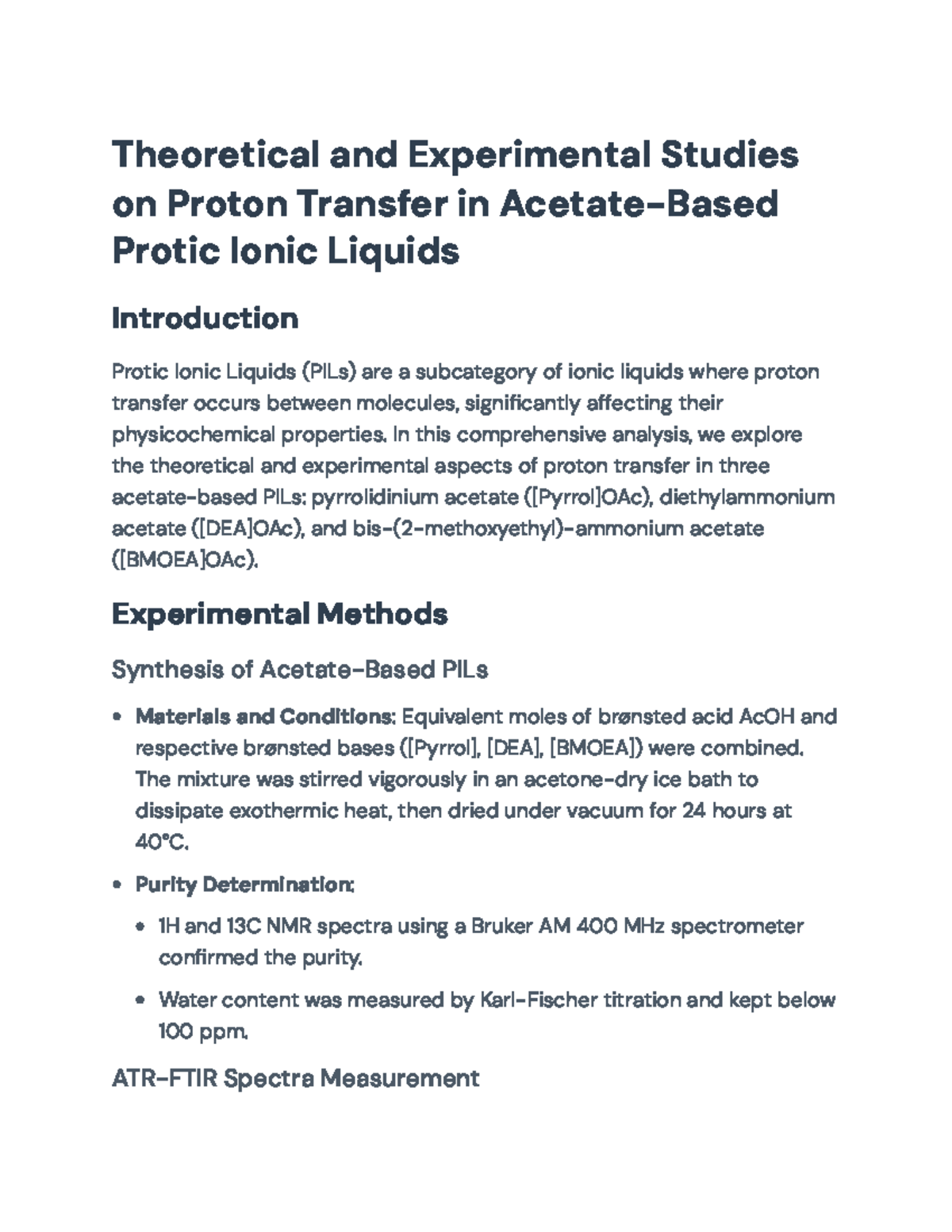 Theoretical & Experimental Analysis of Proton Transfer in PILs (CHEM ...