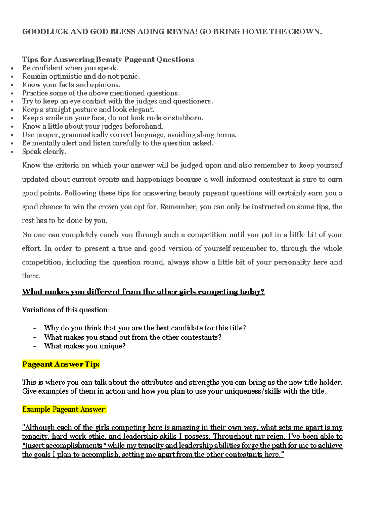 Beauty Pageant Q&A Tips: Winning Strategies for Success - Studocu
