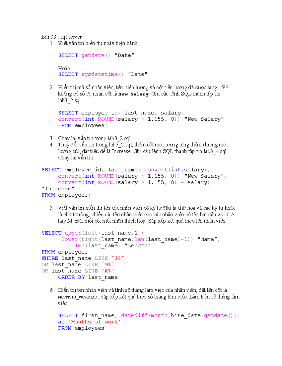 Bài 03: Thực Hành Sử Dụng Hàm SQL Server - Lab Exercises - Studocu