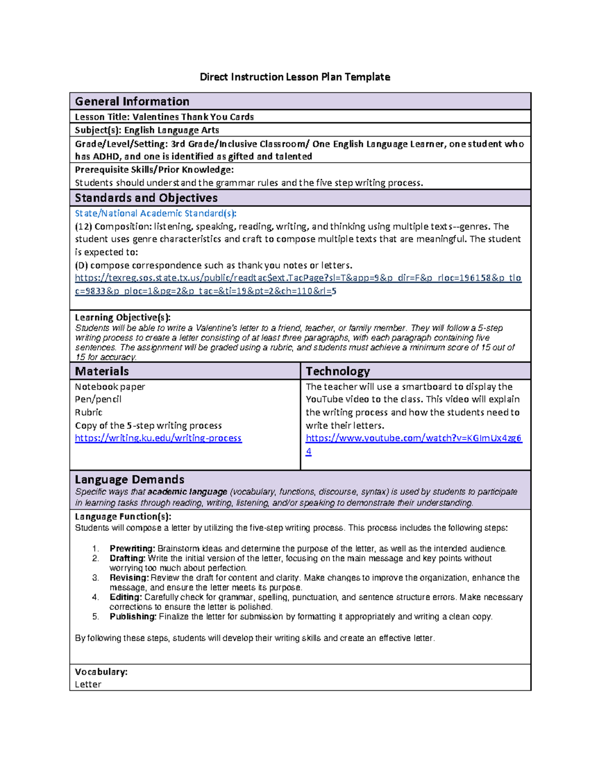 3rd Grade Lesson Plan: Writing Thank You Cards (Valentines) - Studocu
