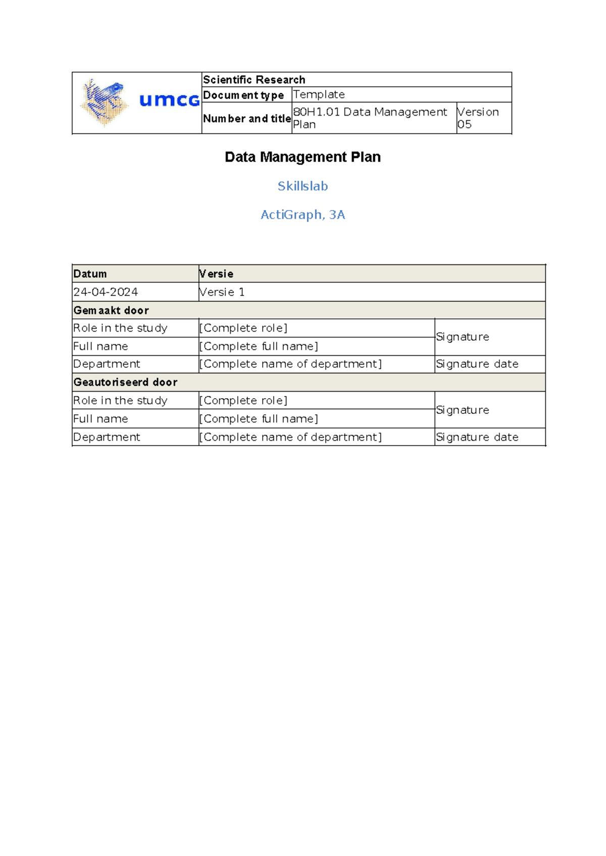 Data Management Plan - voorbeeld dmp actigraph - Scientific Research ...