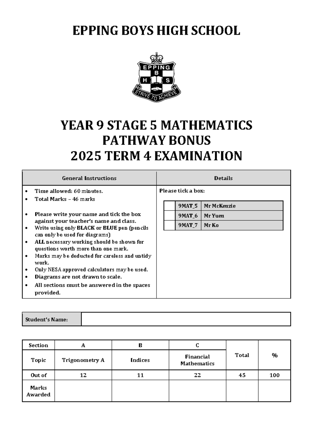 2025 EPPING BOYS Yr9 Stage 5 Math T4 Exam Practice Paper - Studocu