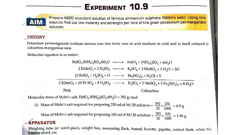 Experiment 10.9: Preparation of Standard Solution of Ferrous Ammonium ...