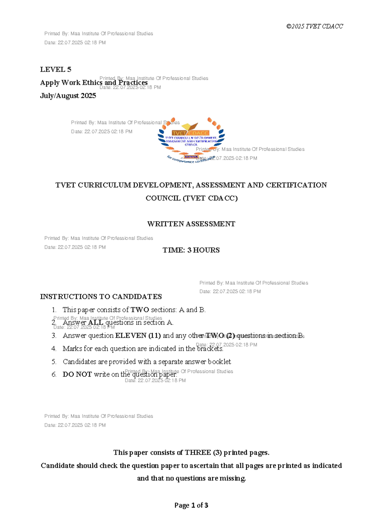 TVET CDACC Level 5 Written Assessment: Work Ethics & Practices - Studocu