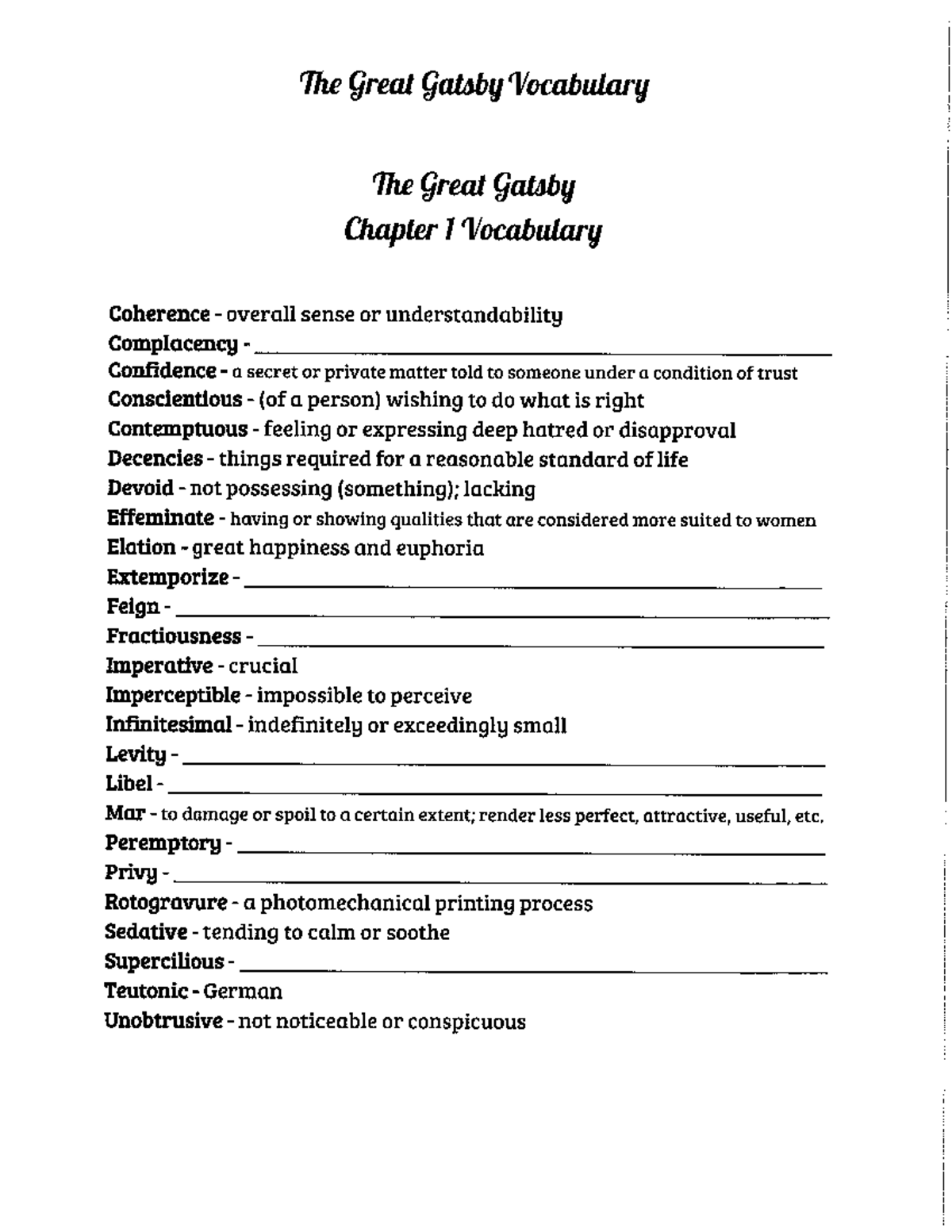 Great Gatsby Vocabulary List for Chapters 1-8 - Studocu