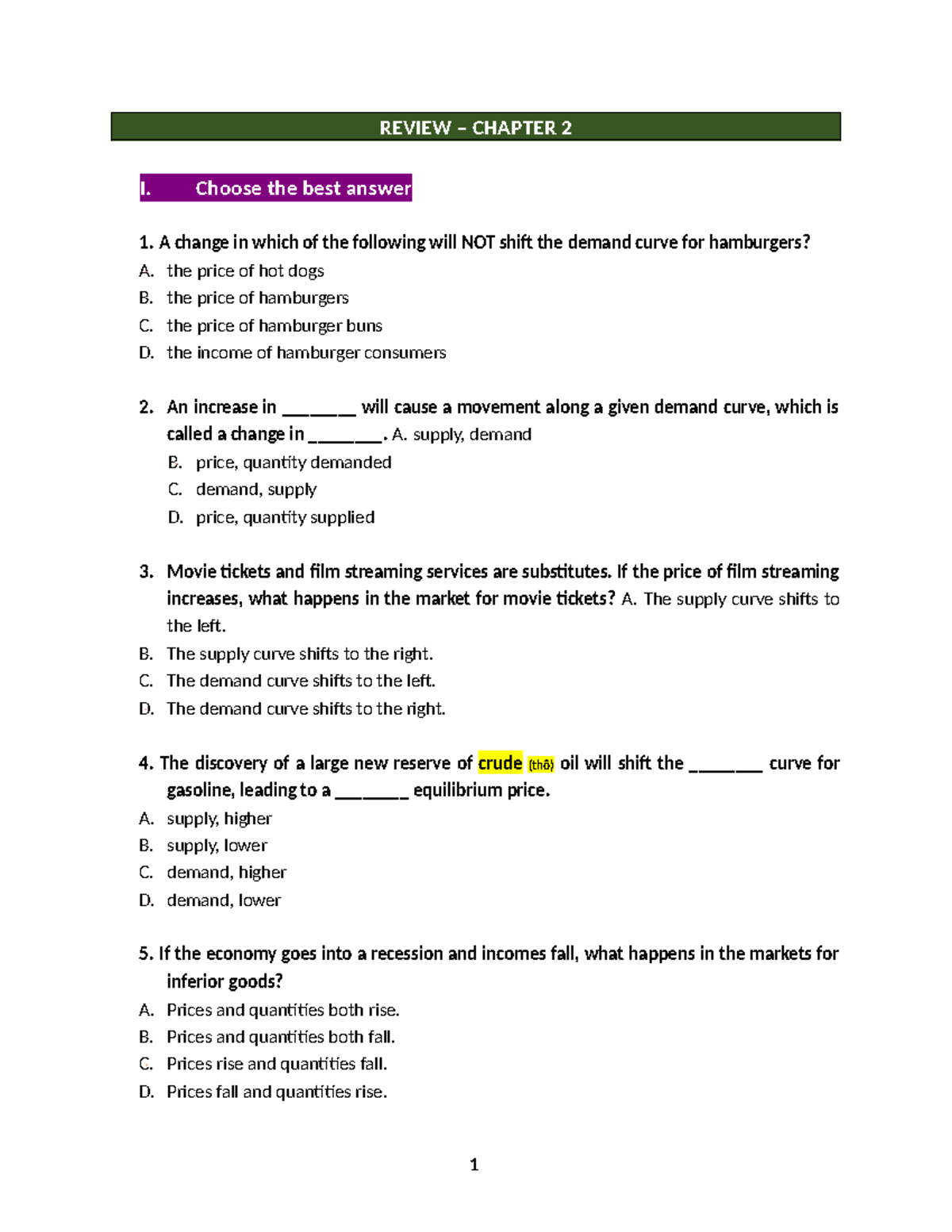 Microeconomics Review: Chapter 2 Key Concepts and Questions - Studocu