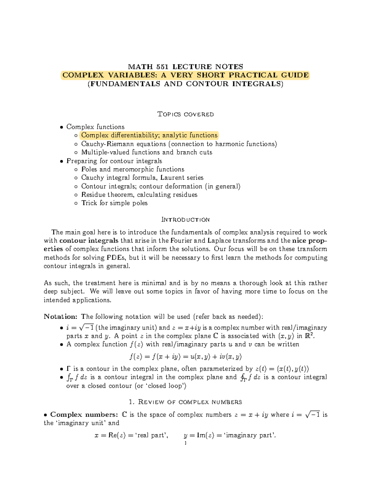 MATH 551 LECTURE NOTES: A Practical Guide to Complex Variables - Studocu