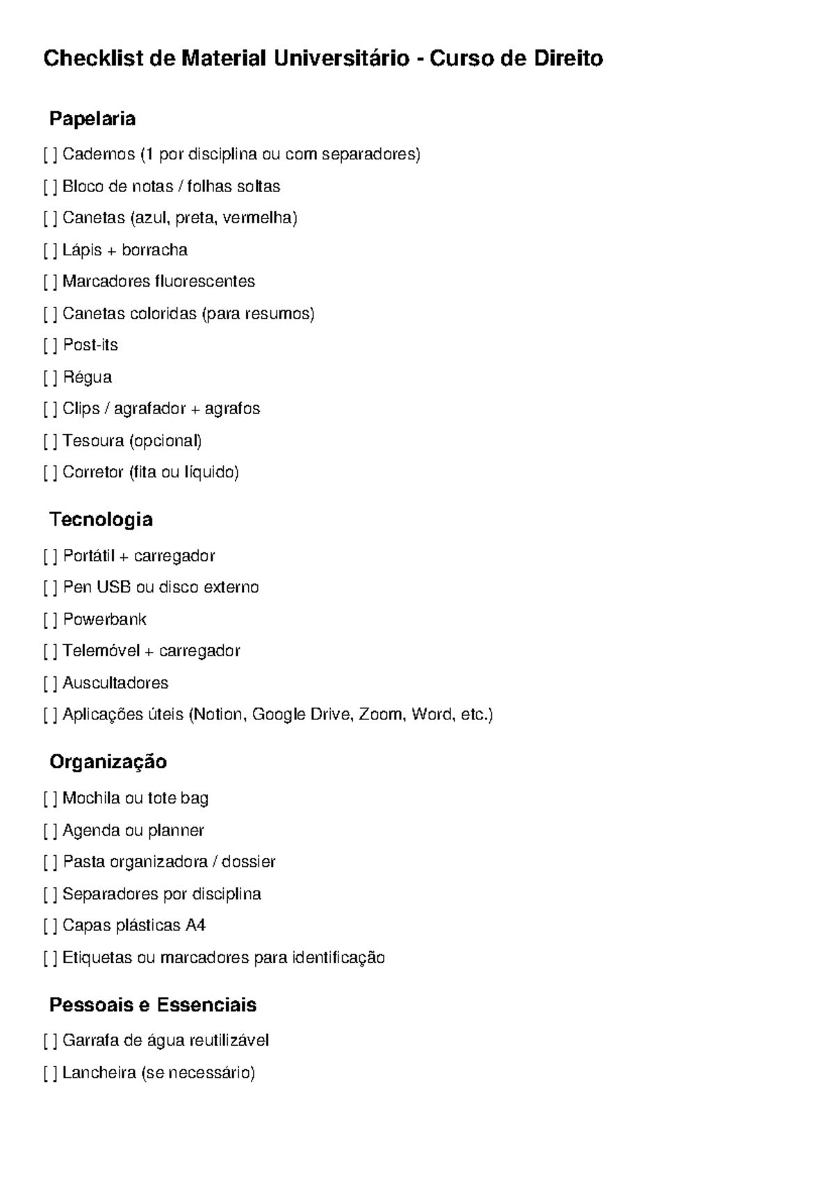 Checklist de Material Universitário para Curso de Direito - Studocu