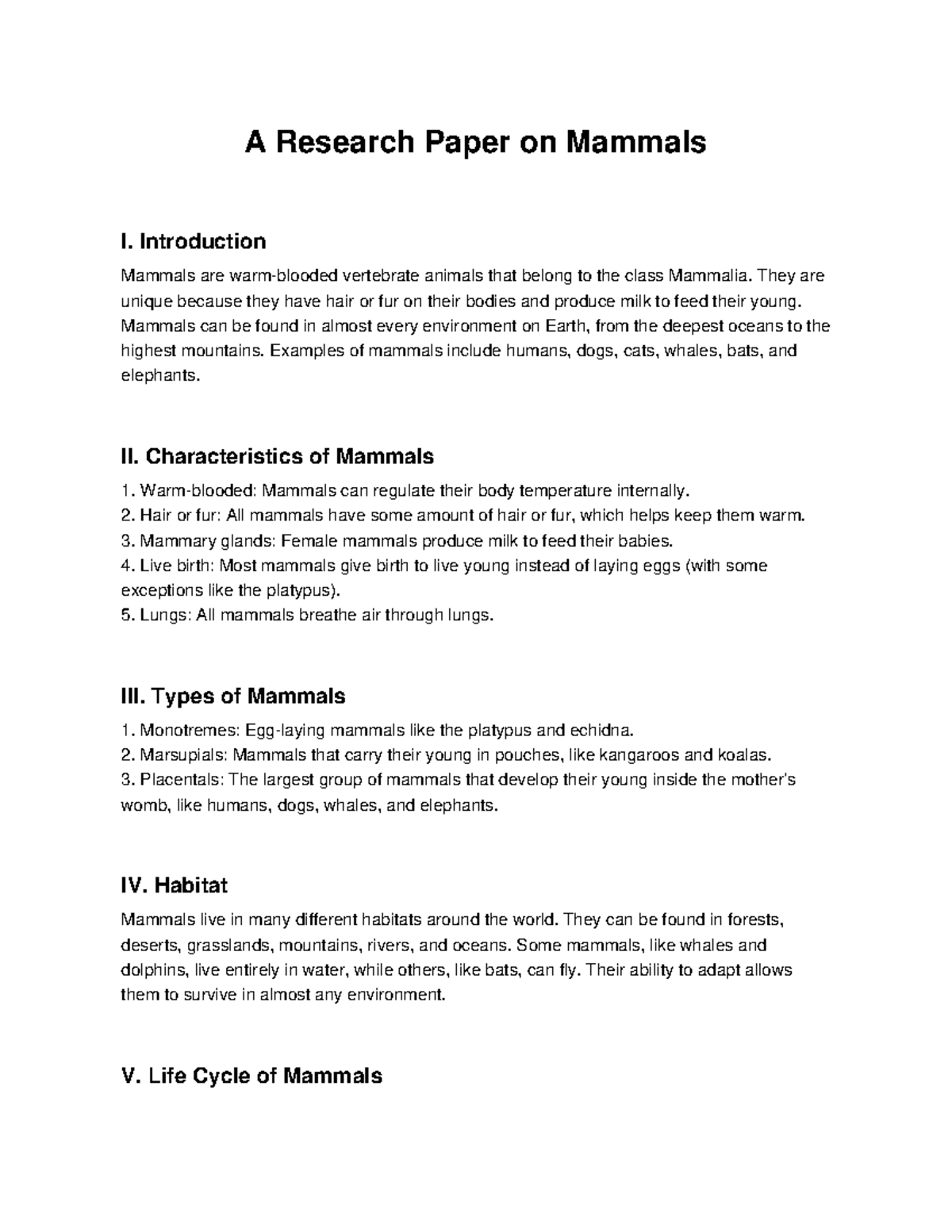 Research Paper on Mammals: Characteristics, Habitats, and Conservation ...