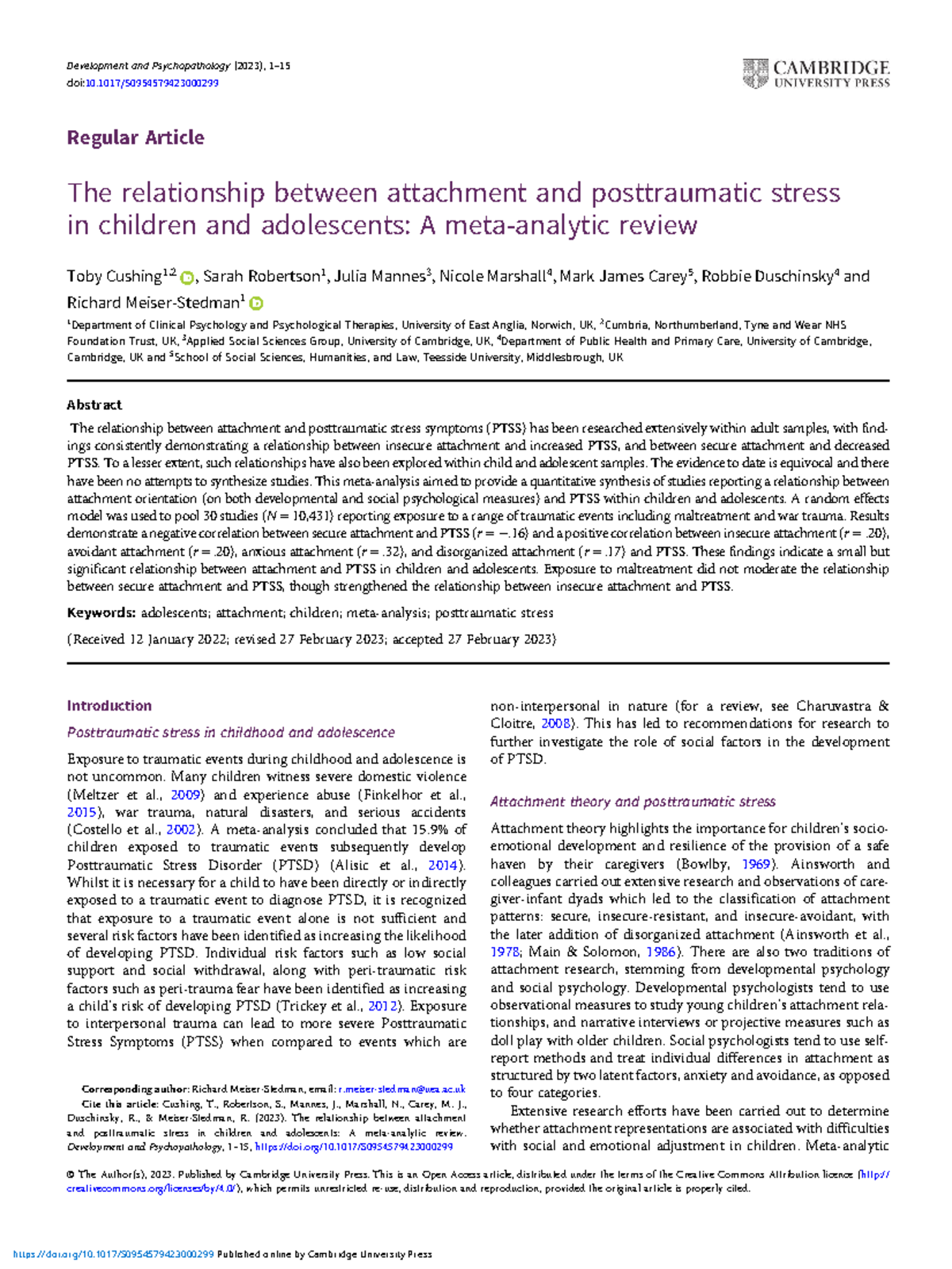The Relationship Between Attachment and PTSD in Children and ...