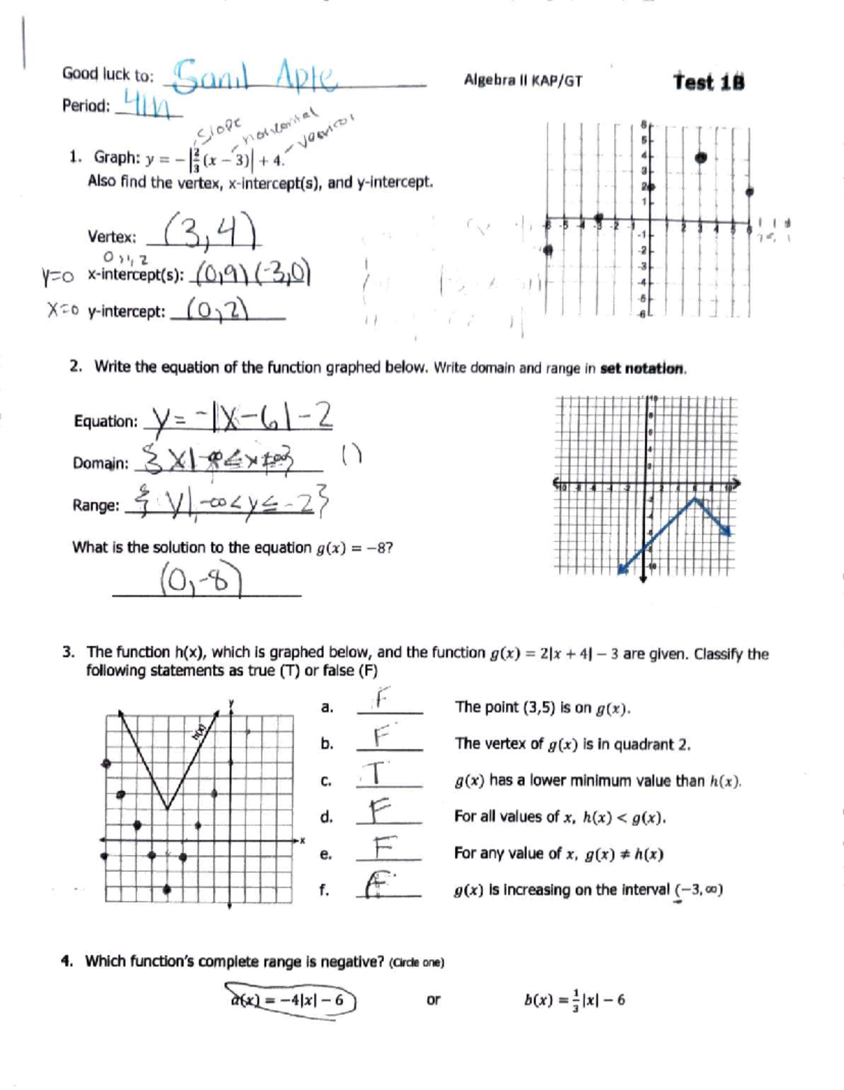 Jordan HS Algebra 2 Test 1B: Graphing Functions & Inequalities - Studocu