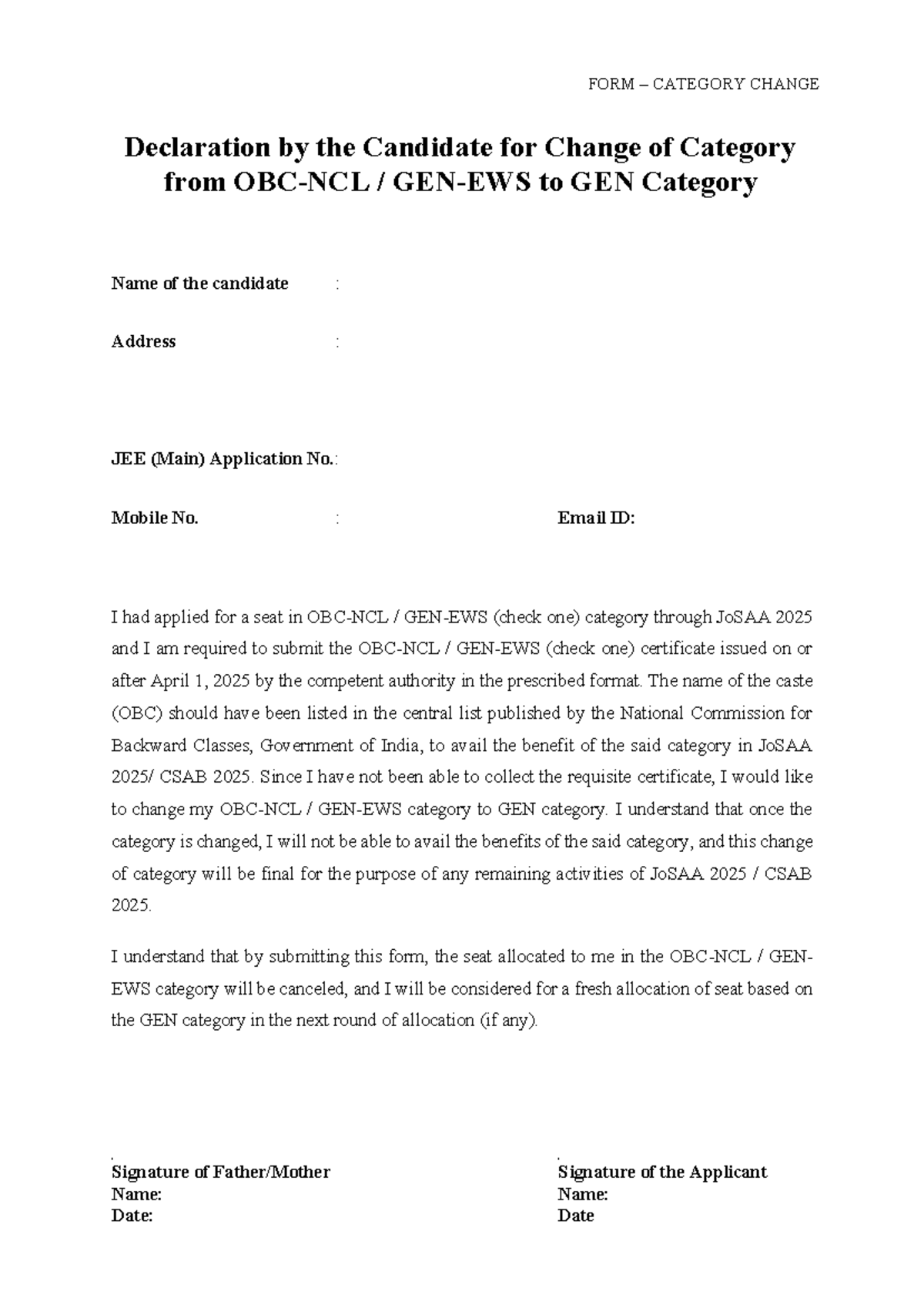GEN Category Change Declaration for JoSAA 2025 - Studocu