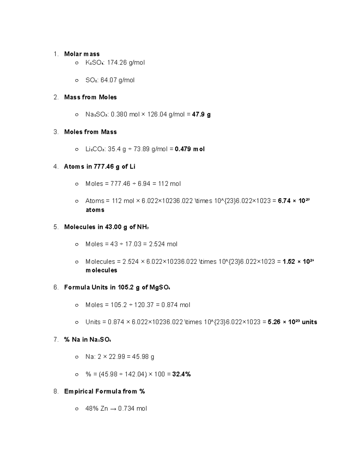 Answer Key for Stoichiometry Problems and Molar Mass Calculations - Studocu