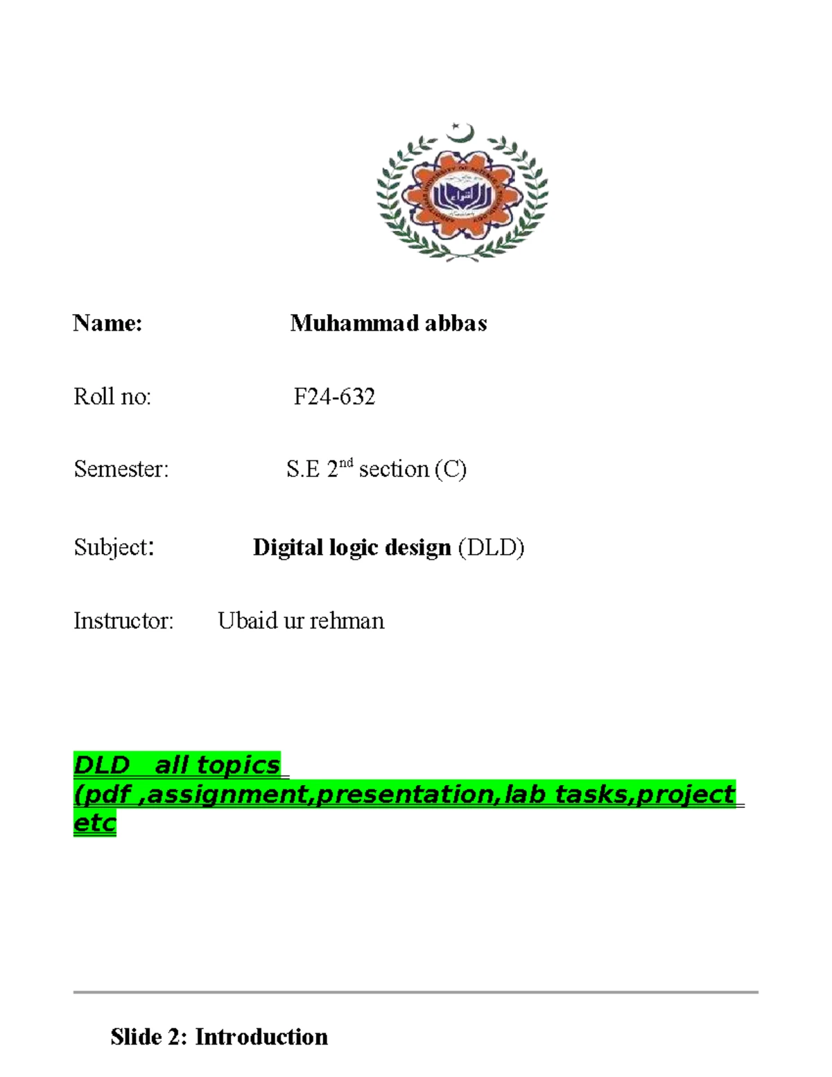 DLD LAB Task 1: Multisim Circuit Design & Analysis by M. Abbas - Studocu