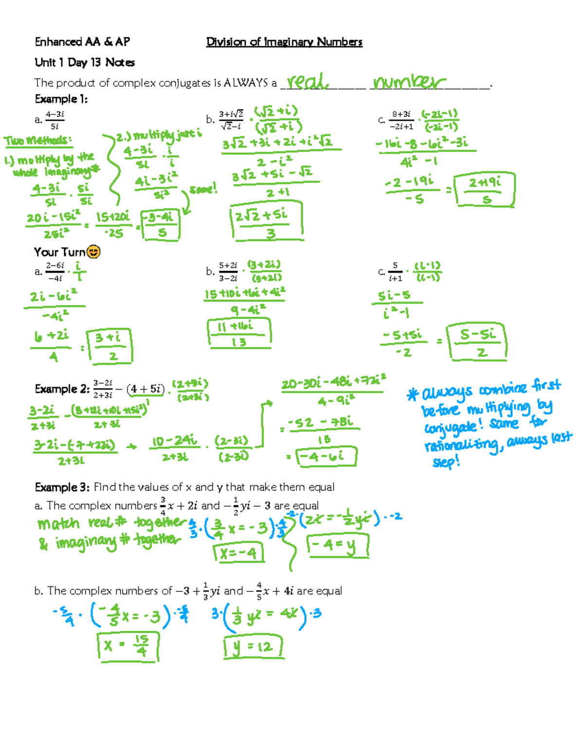 Enhanced AA AP Math Unit 1 Day 13 Notes on Imaginary Numbers - Studocu