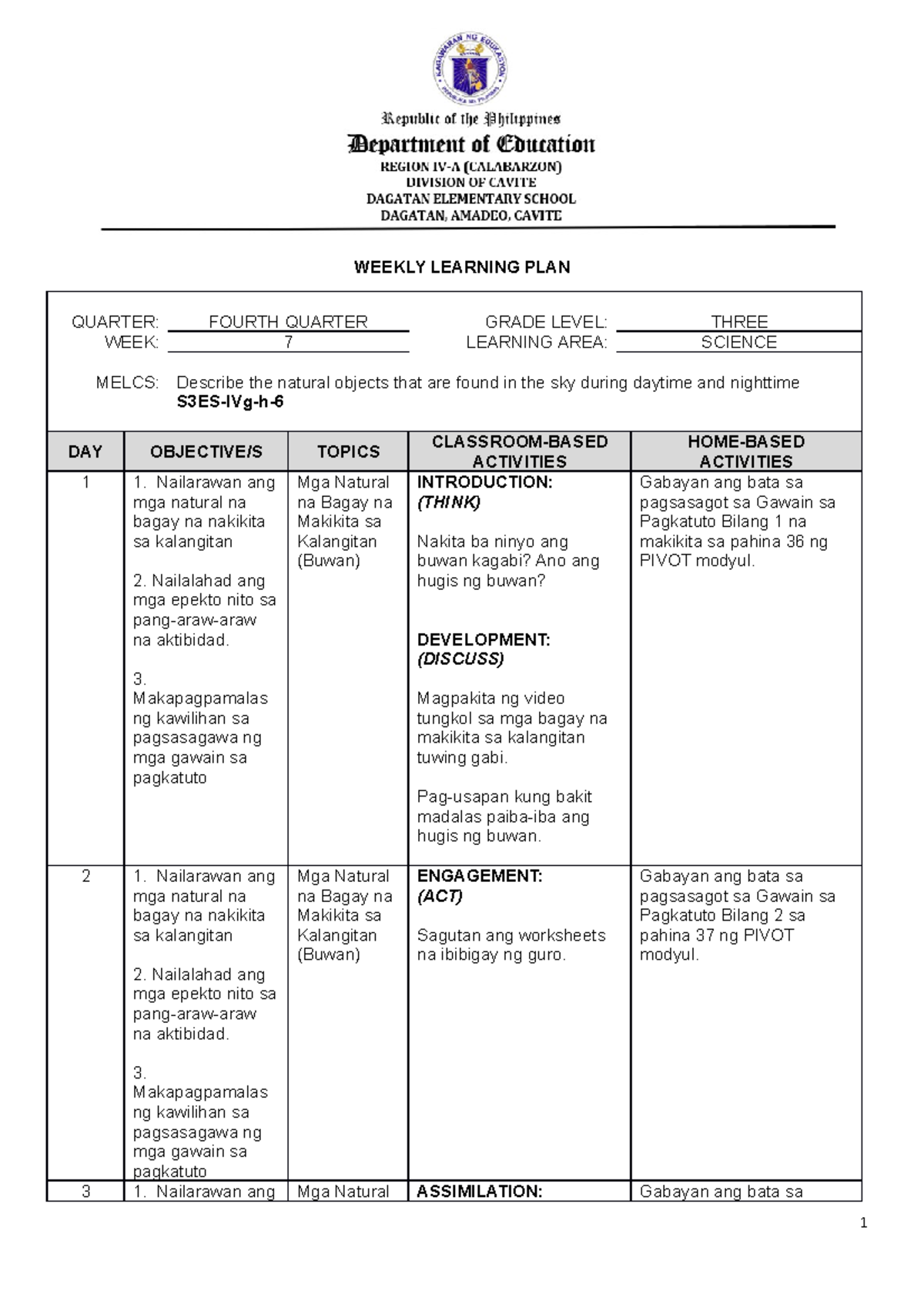 WLP Q4 W8 Science - WEEKLY LEARNING PLAN QUARTER: FOURTH QUARTER GRADE ...