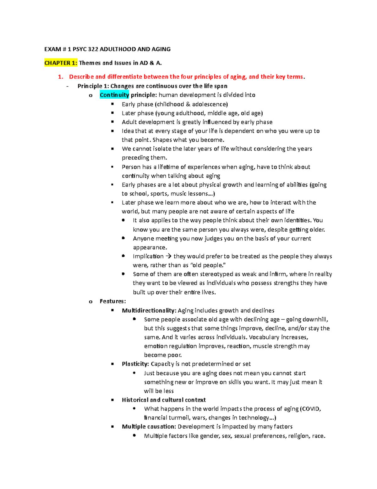 EXAM #1 Study Guide: Key Concepts in PSYC 322 Adulthood and Aging - Studocu