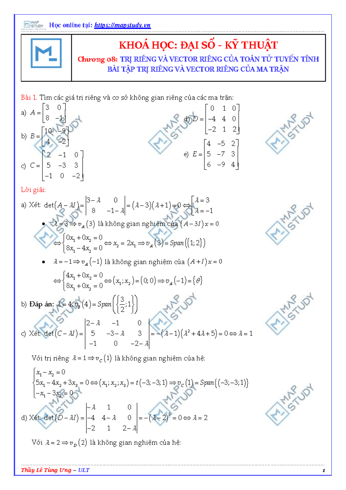 Bài tập Trị riêng và Vector riêng của Ma trận - Đại Số Kỹ Thuật - Studocu