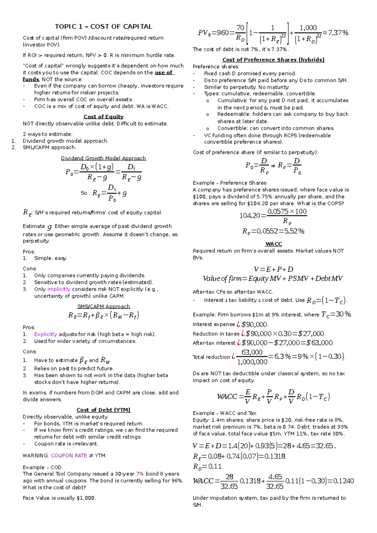 CFDM 101 Cost of Capital Exam Notes: Key Concepts and Formulas - Studocu