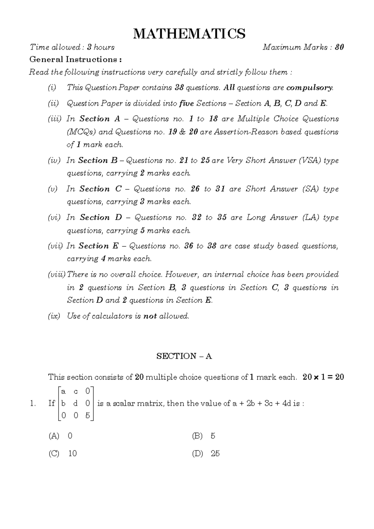12 Mathematics SP-4 - Comprehensive Question Paper with Sections A-E ...