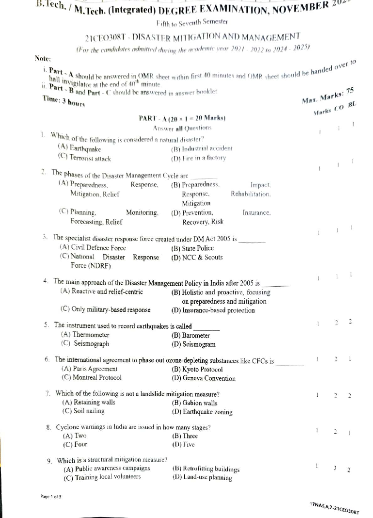 Disaster Mitigation and Management Question Paper 21CEO308T - Nov 2025 ...