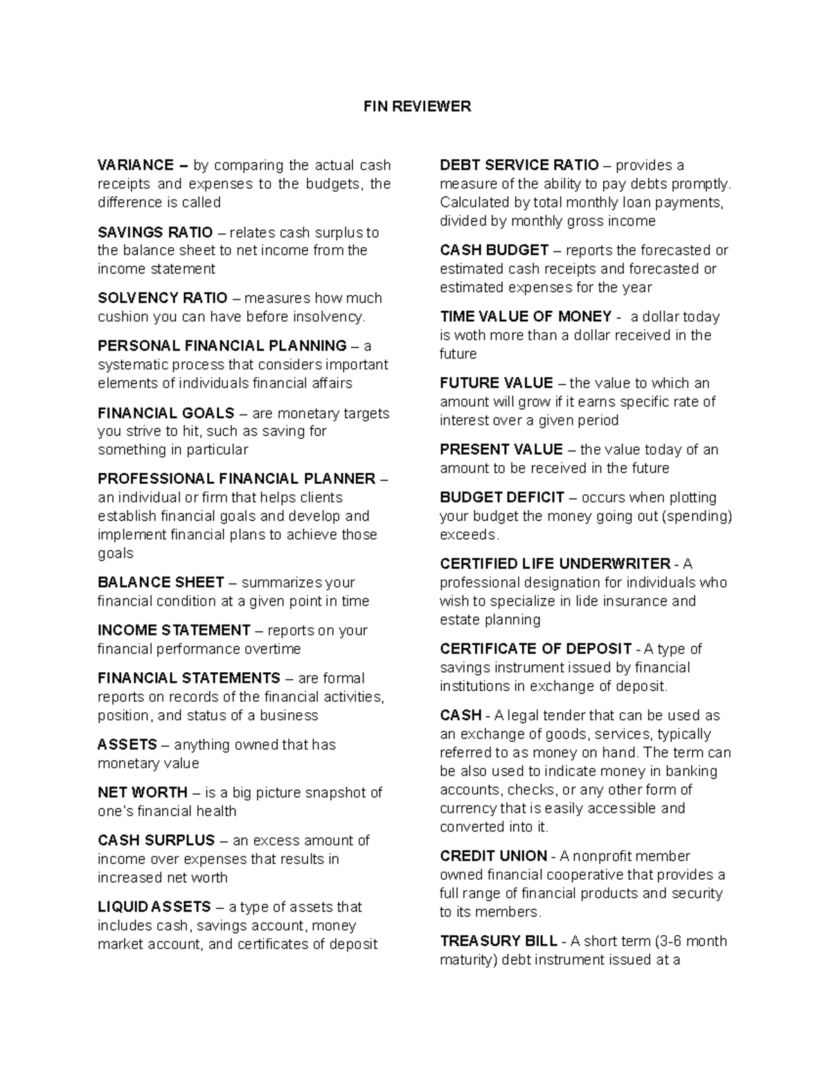 FIN 101: Comprehensive Financial Reviewer and Key Concepts - Studocu