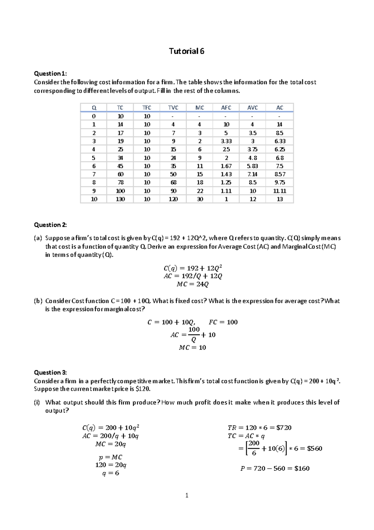 Cost Functions Analysis: Tutorial 6 in Economics (Final Exam) - Studocu