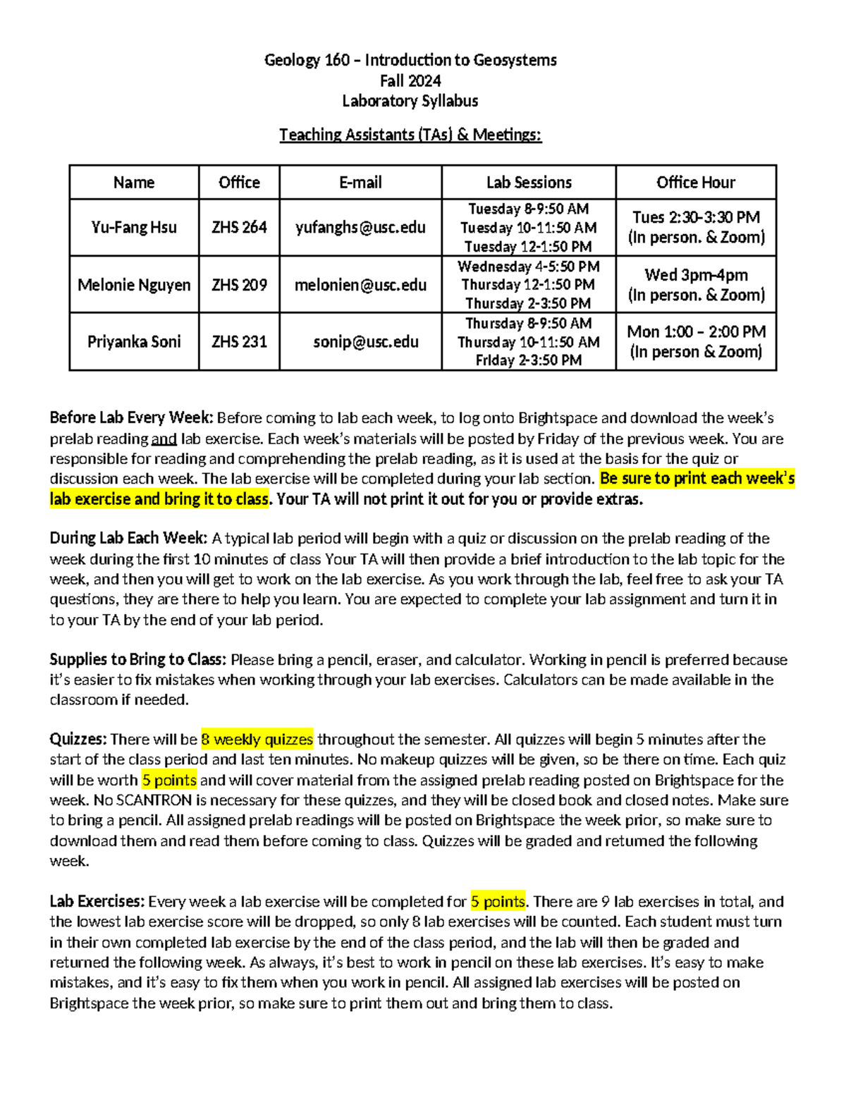 Fall 2024 GEOL 160 Lab Syllabus and Course Guidelines - Studocu