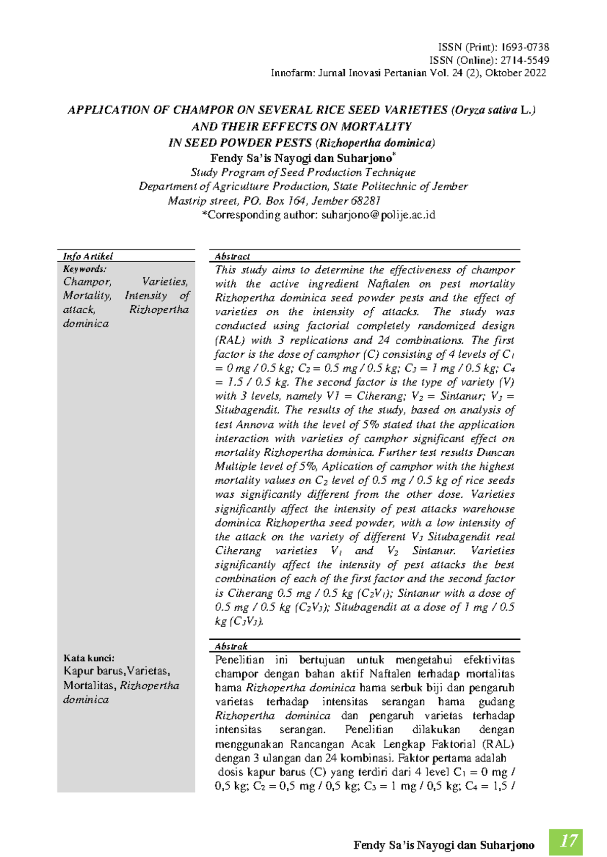 APPLICATION OF CHAMPOR ON RICE SEED VARIETIES AND PEST MORTALITY (Vol ...