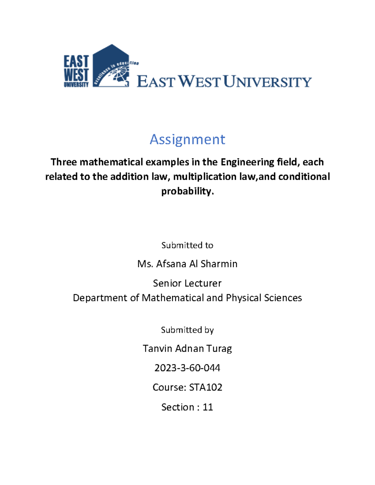 Assignment 3: Mathematical Examples in Engineering (STA102) - Studocu