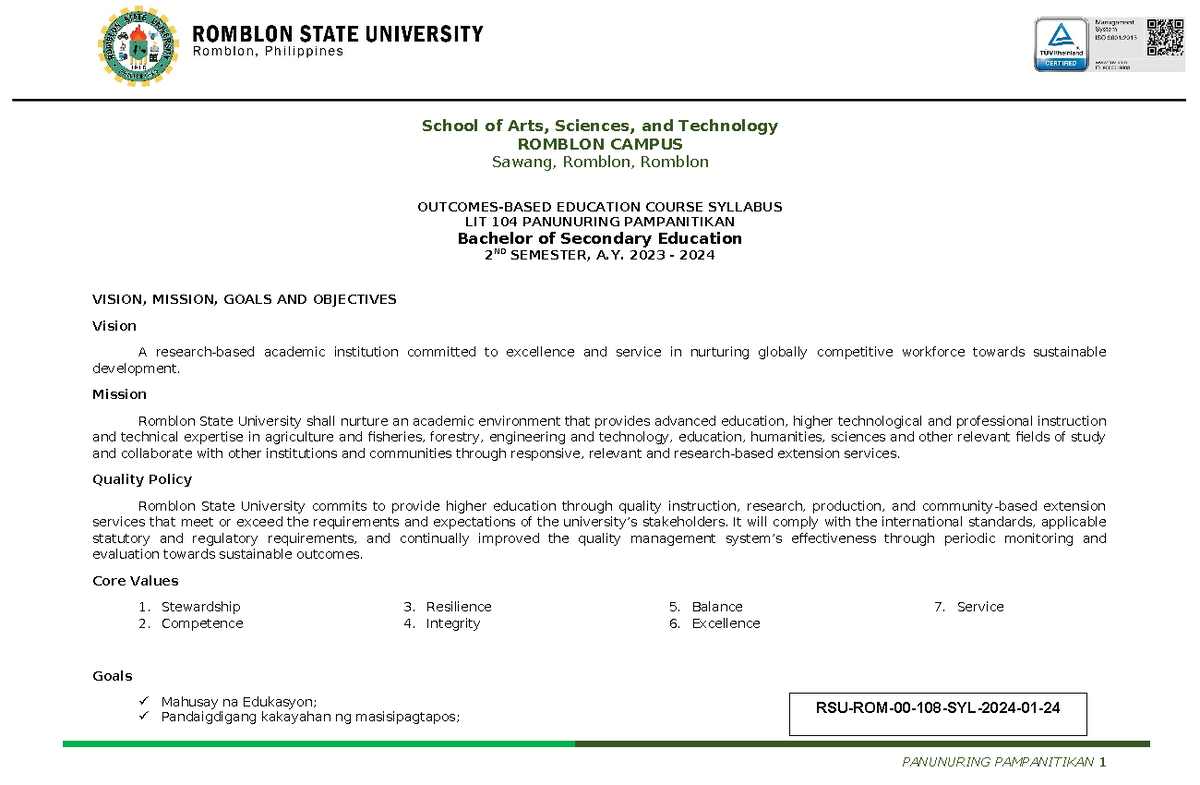 LIT 104: Syllabus ng Panunuring Pampanitikan para sa BSEd 2nd Sem 2023 ...