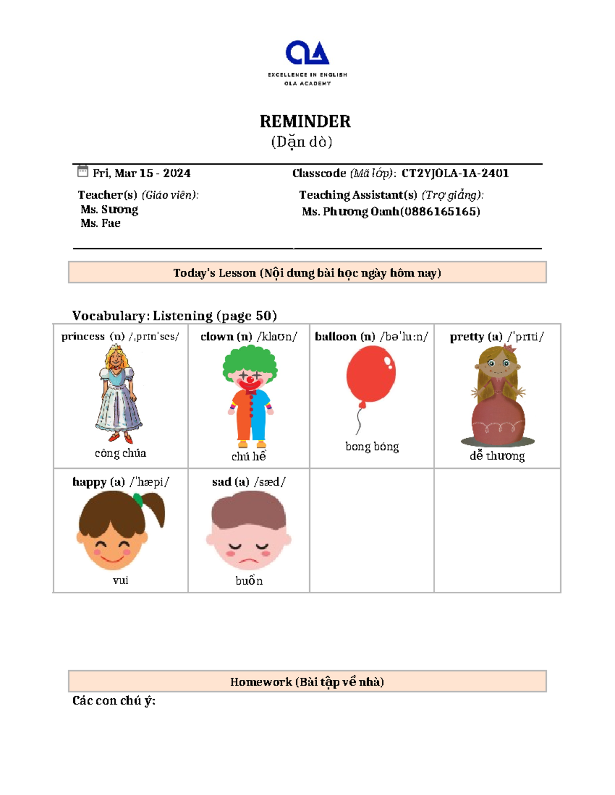 CT2YJOLA-1A- Reminder: Today's Vocabulary Lesson & Homework - Studocu