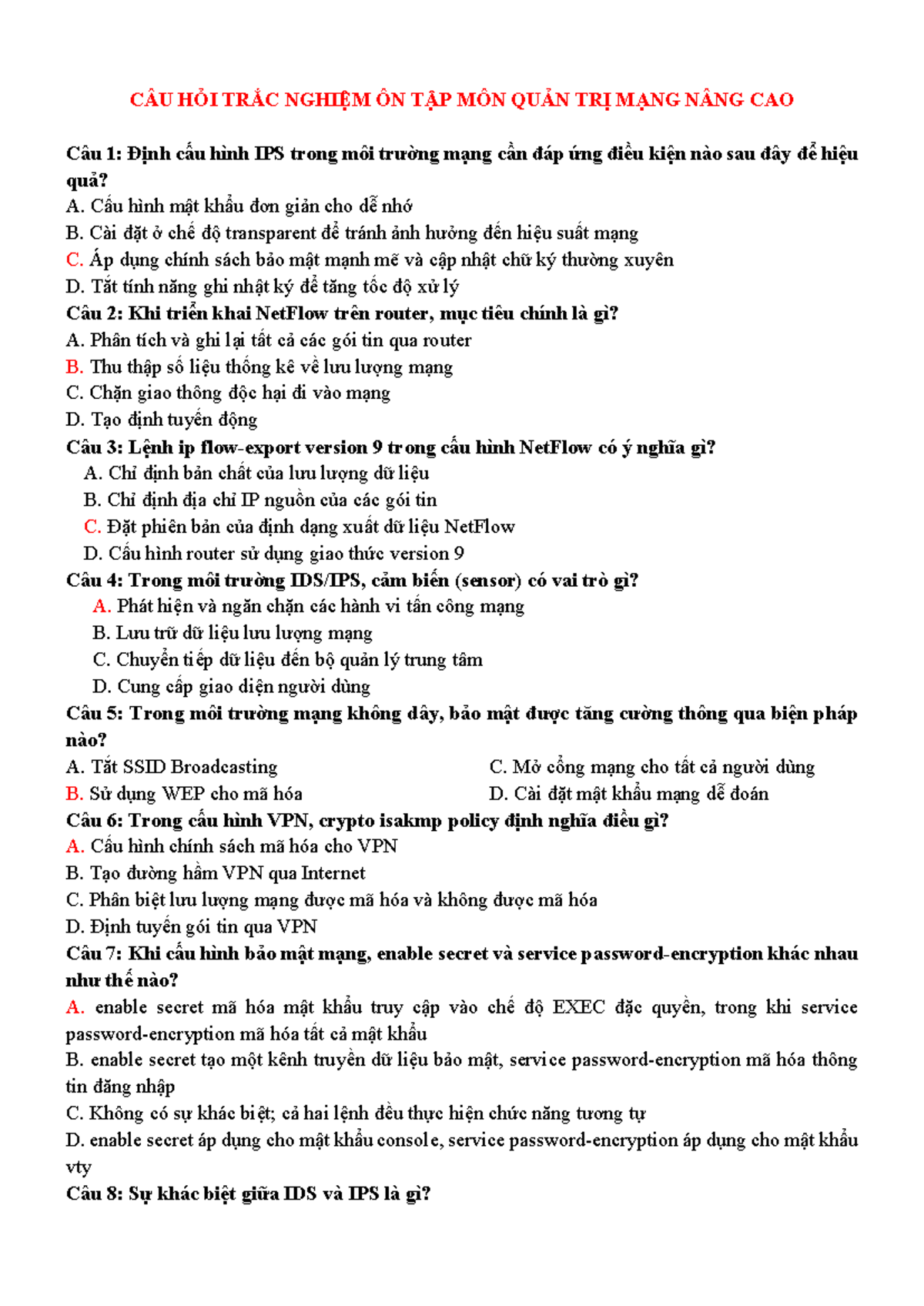 Câu Hỏi Trắc Nghiệm Ôn Tập QT Mạng NC - Môn Quản Trị Mạng Nâng Cao - Studocu